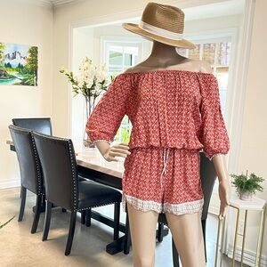 Faithful The Brand Orange Off-Shoulder Romper Shorts summer